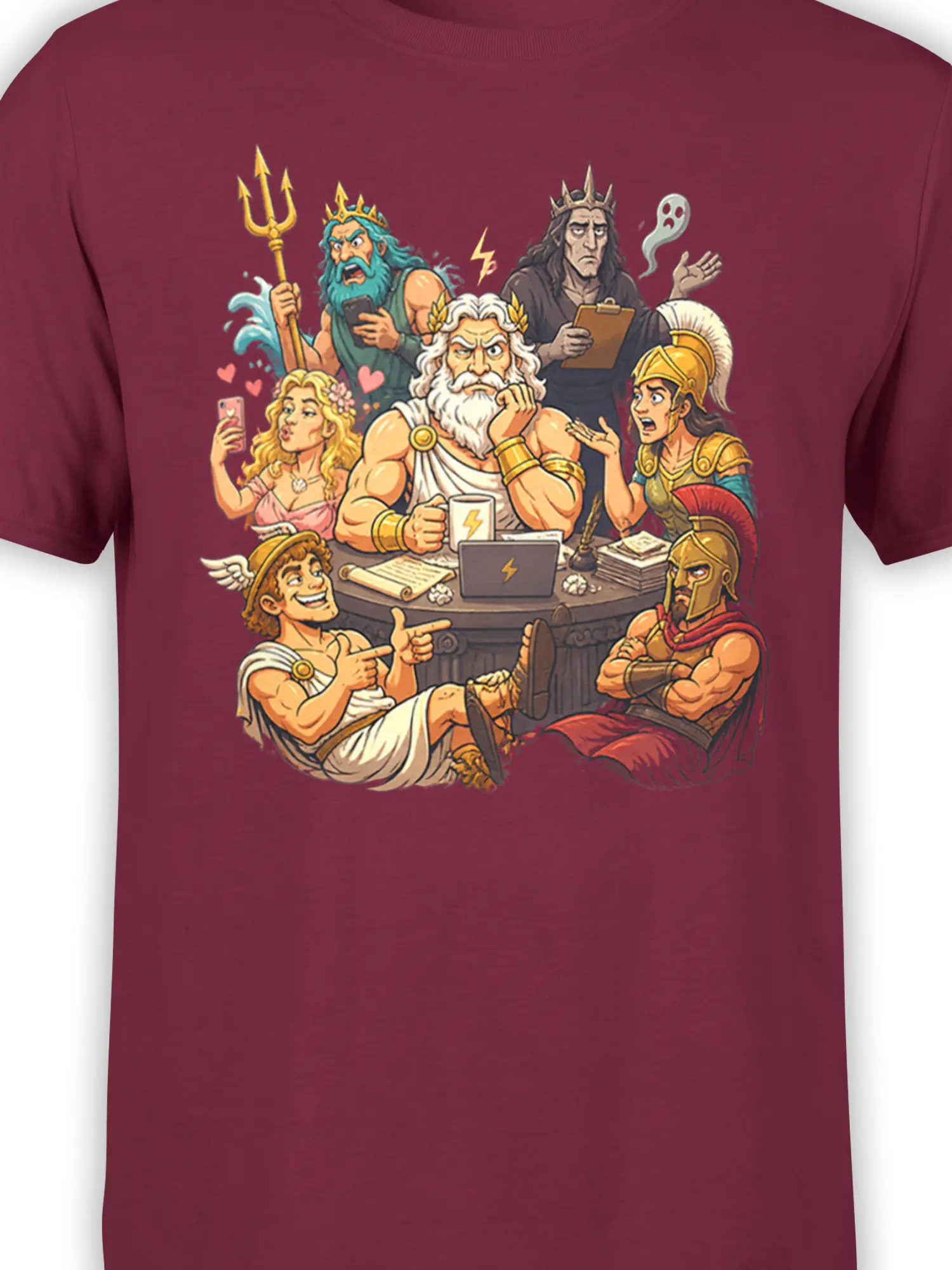 Detailed mythology artwork showing ancient characters around a table on a burgundy T-shirt