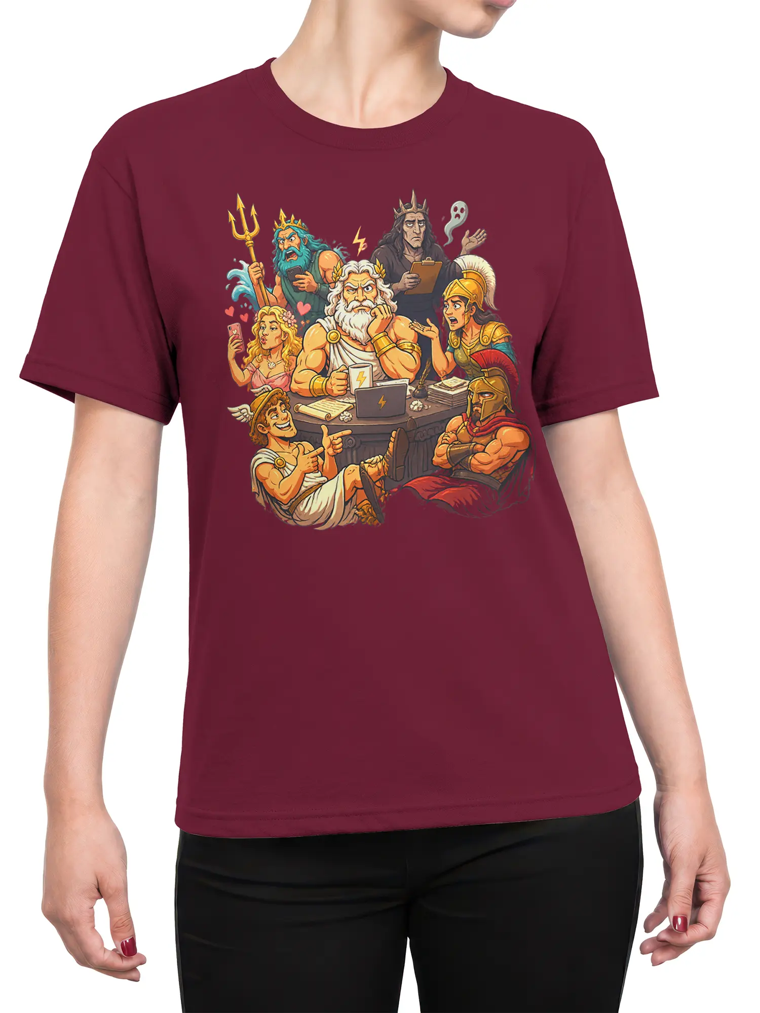 Female torso wearing a burgundy mythology T-shirt with ancient gods and warriors around a table