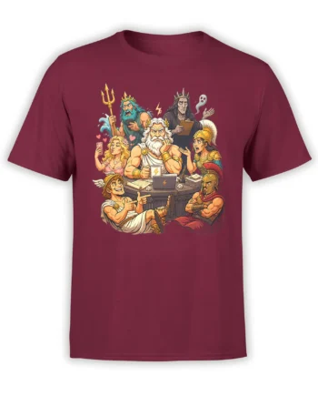Mythology meeting graphic with ancient gods, warriors, coffee, and a ghost on a burgundy T-shirt