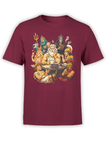 Mythology meeting graphic with ancient gods, warriors, coffee, and a ghost on a burgundy T-shirt