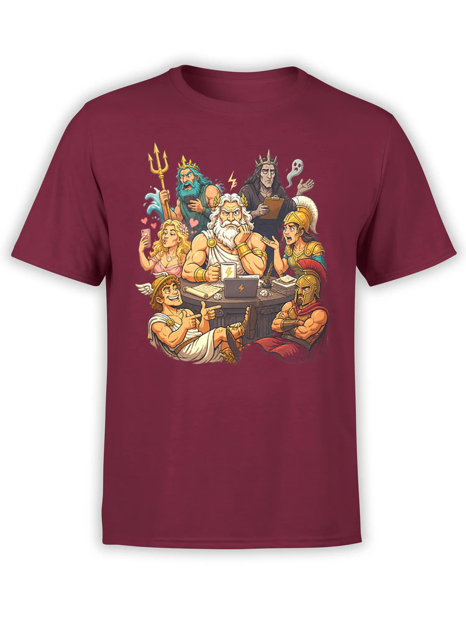 Mythology meeting graphic with ancient gods, warriors, coffee, and a ghost on a burgundy T-shirt