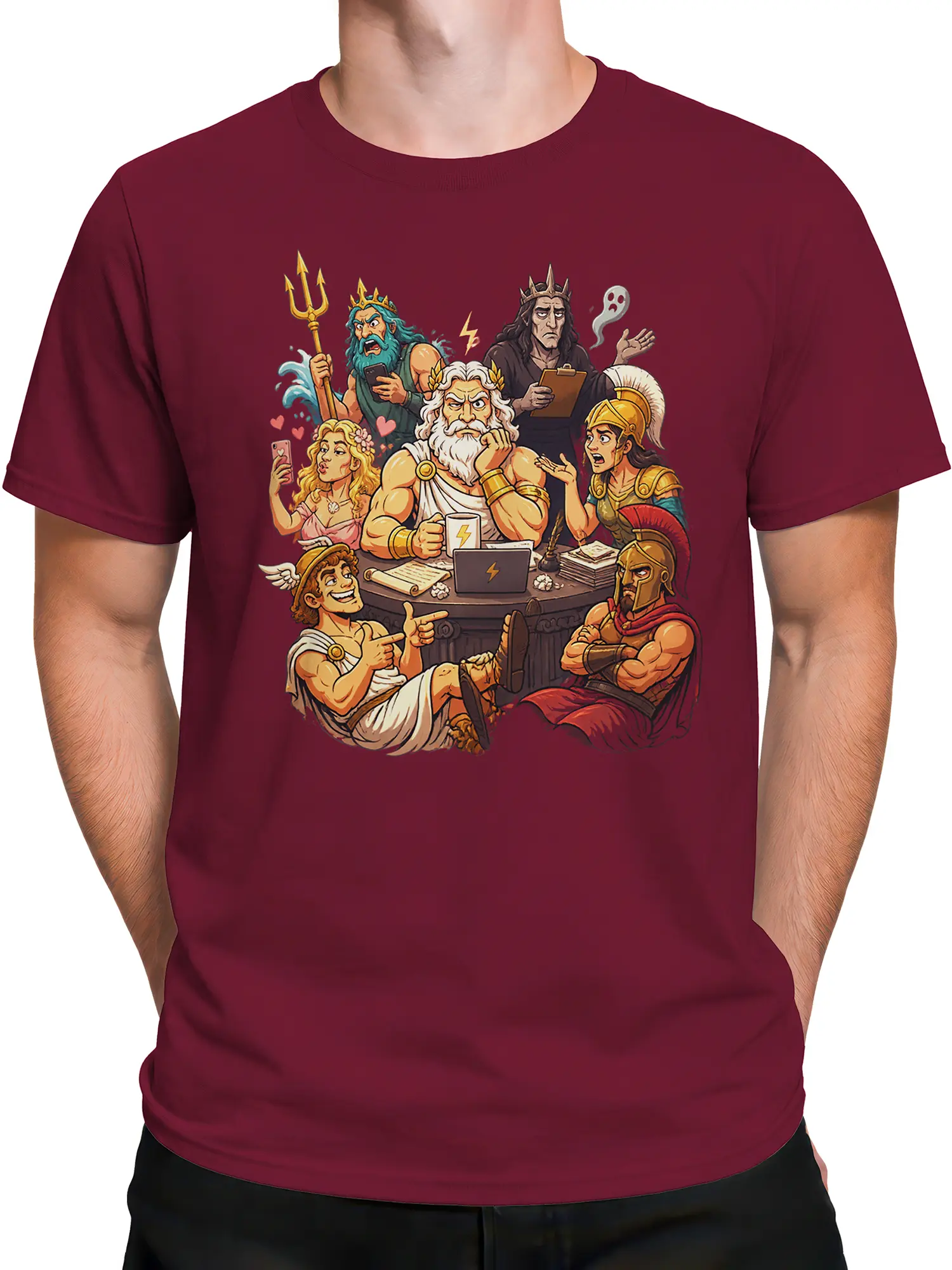 Male torso wearing a burgundy mythology T-shirt with a colorful ancient gods meeting design
