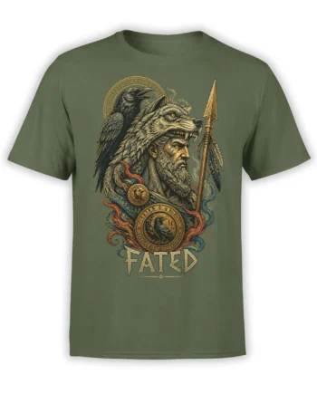 Olive green shirt with a wolf-headed warrior, raven, spear, ornate shields, and FATED lettering