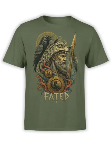 Olive green shirt with a wolf-headed warrior, raven, spear, ornate shields, and FATED lettering