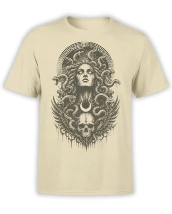 Beige Medusa T-shirt featuring snake hair, a crescent moon, wings, and a large skull in dark vintage artwork