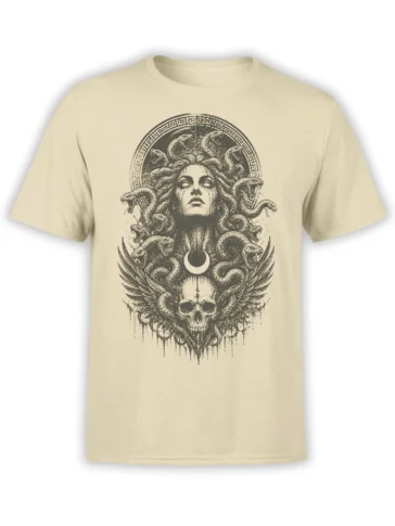 Beige Medusa T-shirt featuring snake hair, a crescent moon, wings, and a large skull in dark vintage artwork