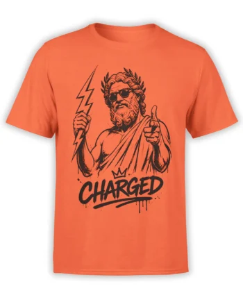 Orange Zeus T-shirt with lightning bolt, sunglasses, laurel wreath, and bold “CHARGED” lettering