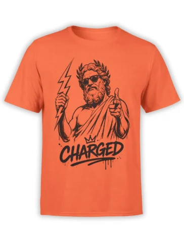 Orange Zeus T-shirt with lightning bolt, sunglasses, laurel wreath, and bold “CHARGED” lettering