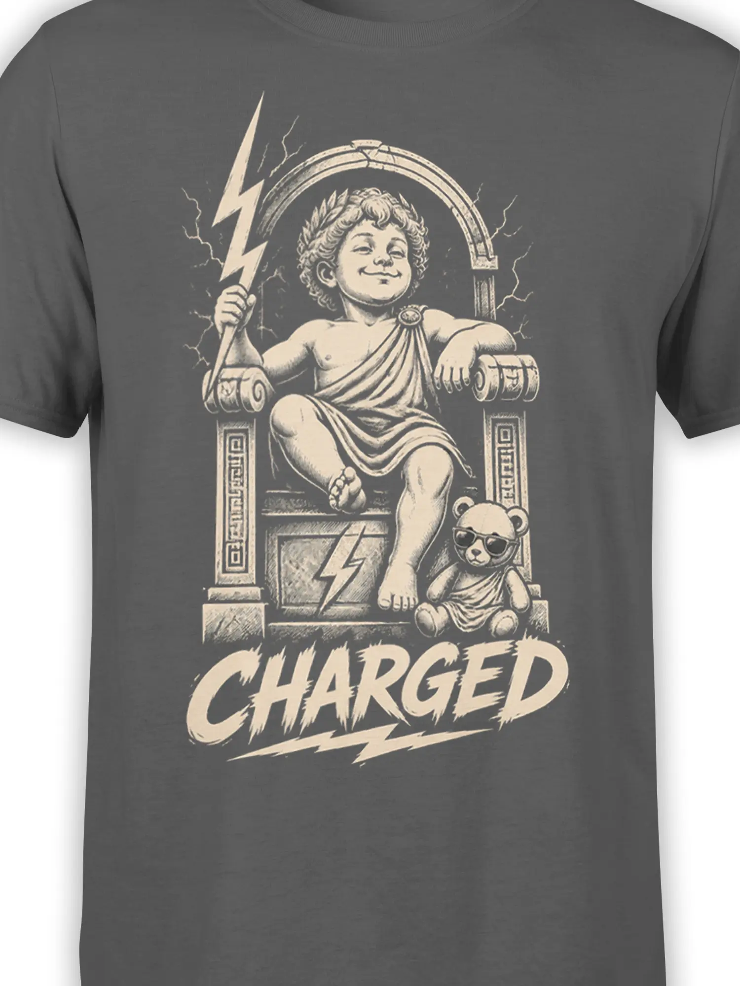 Close-up of the lightning figure, ornate throne, sunglasses bear, and CHARGED artwork on a gray mythology shirt