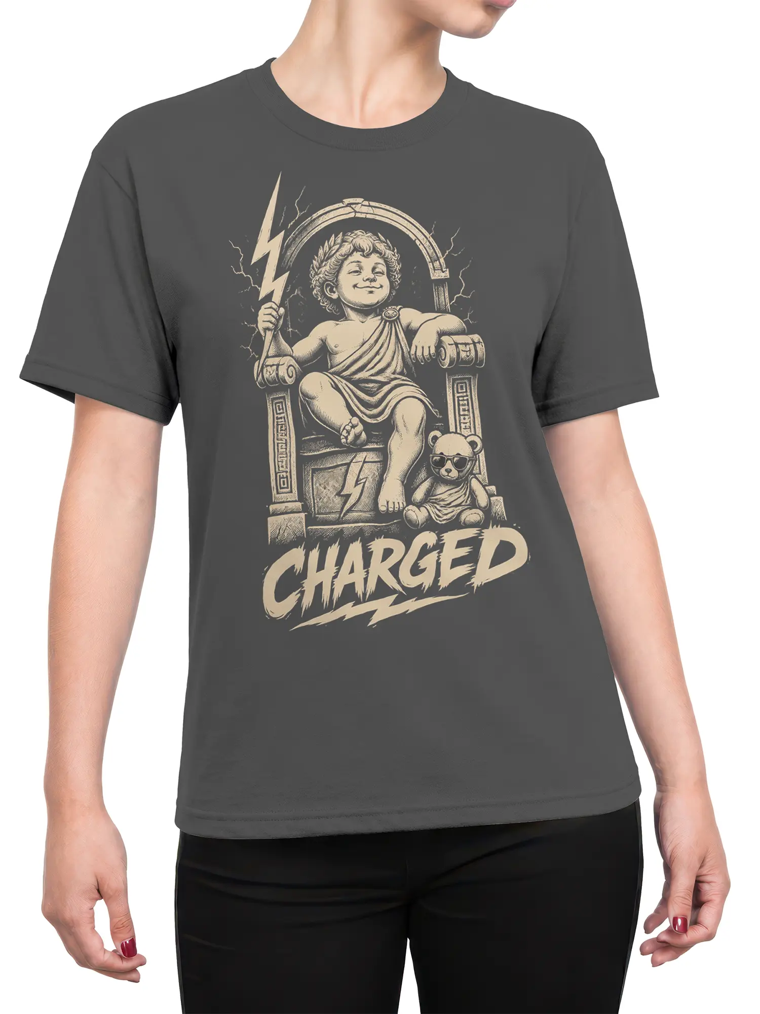 Female torso wearing a gray mythology T-shirt with a lightning figure, throne, sunglasses bear, and CHARGED design