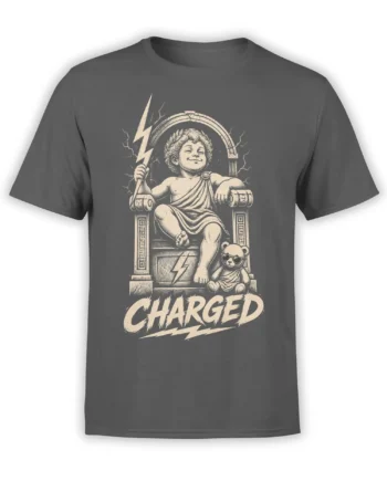 Gray T-shirt with a vintage mythology design showing a lightning-holding figure, throne, sunglasses bear, and CHARGED text