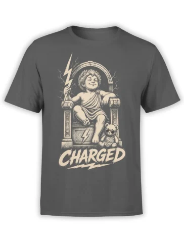 Gray T-shirt with a vintage mythology design showing a lightning-holding figure, throne, sunglasses bear, and CHARGED text