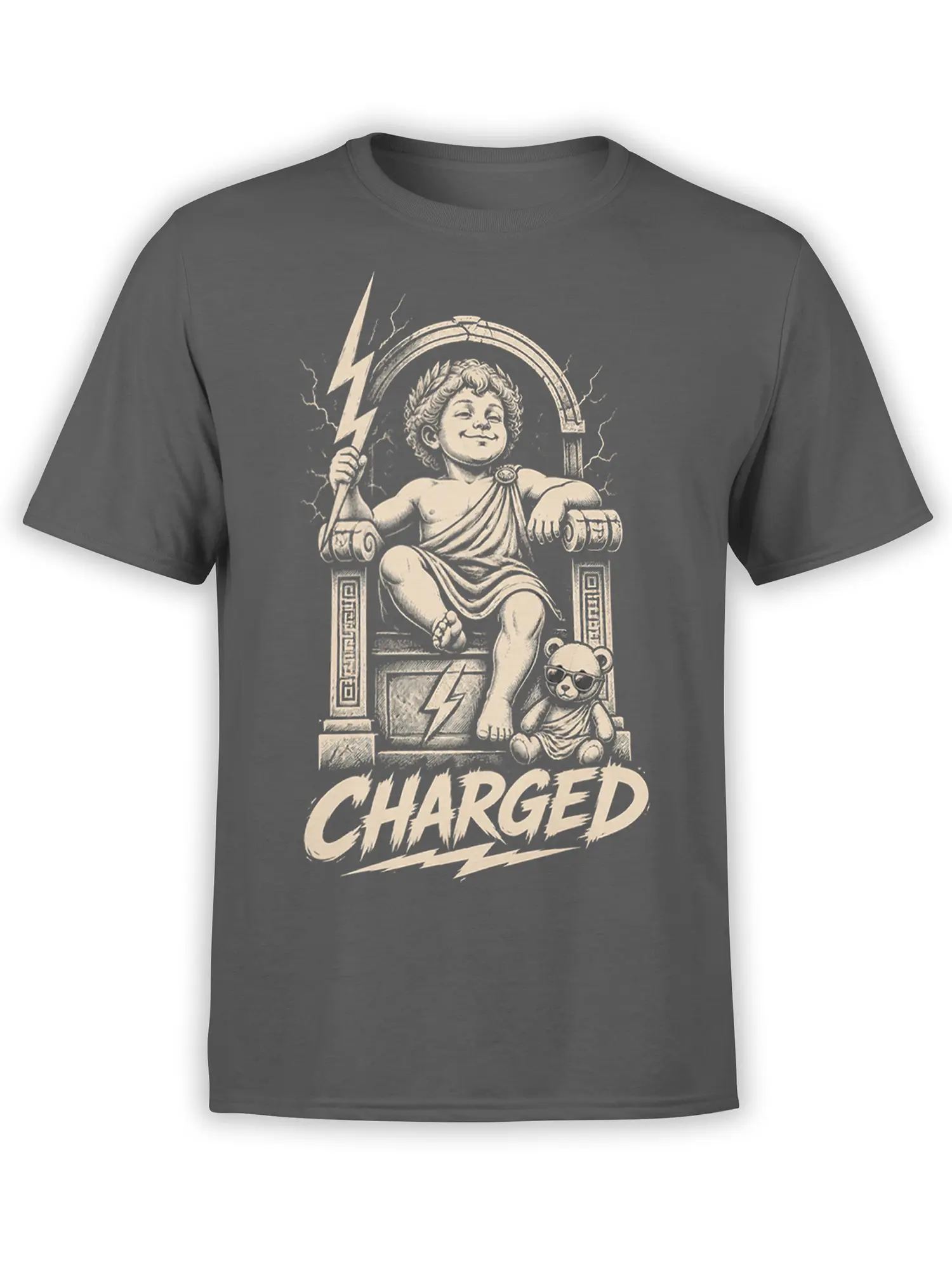 Gray T-shirt with a vintage mythology design showing a lightning-holding figure, throne, sunglasses bear, and CHARGED text