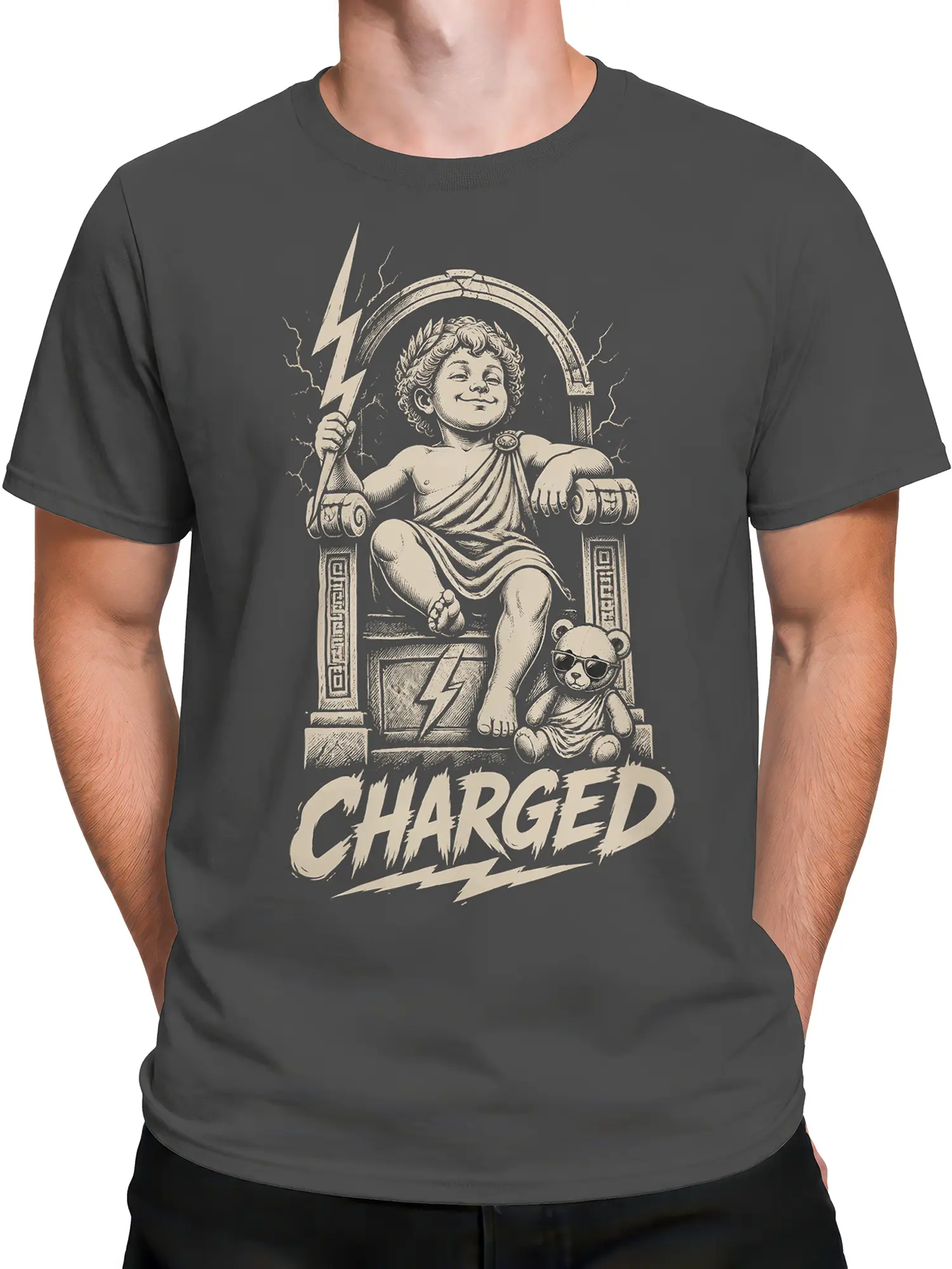 Male torso wearing a gray mythology T-shirt with a lightning figure, ornate throne, bear, and CHARGED text
