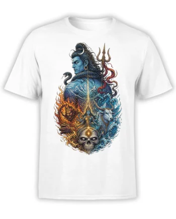 White mythology T-shirt with blue guardian, trident, serpent, skull, bull, fire, water, and mountain artwork