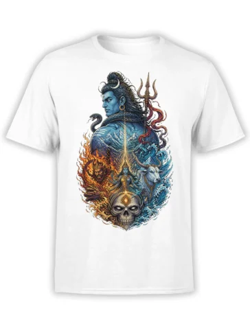 White mythology T-shirt with blue guardian, trident, serpent, skull, bull, fire, water, and mountain artwork