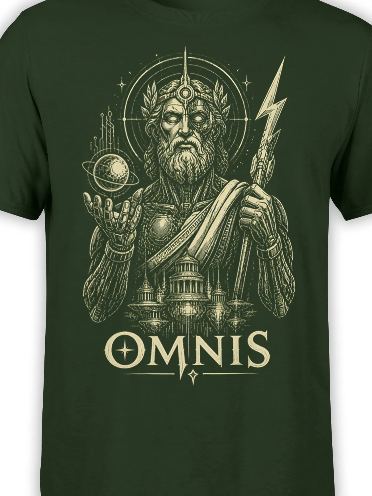 Close-up of the OMNIS design showing a bearded god, glowing eyes, lightning, planet, and temple details on dark green