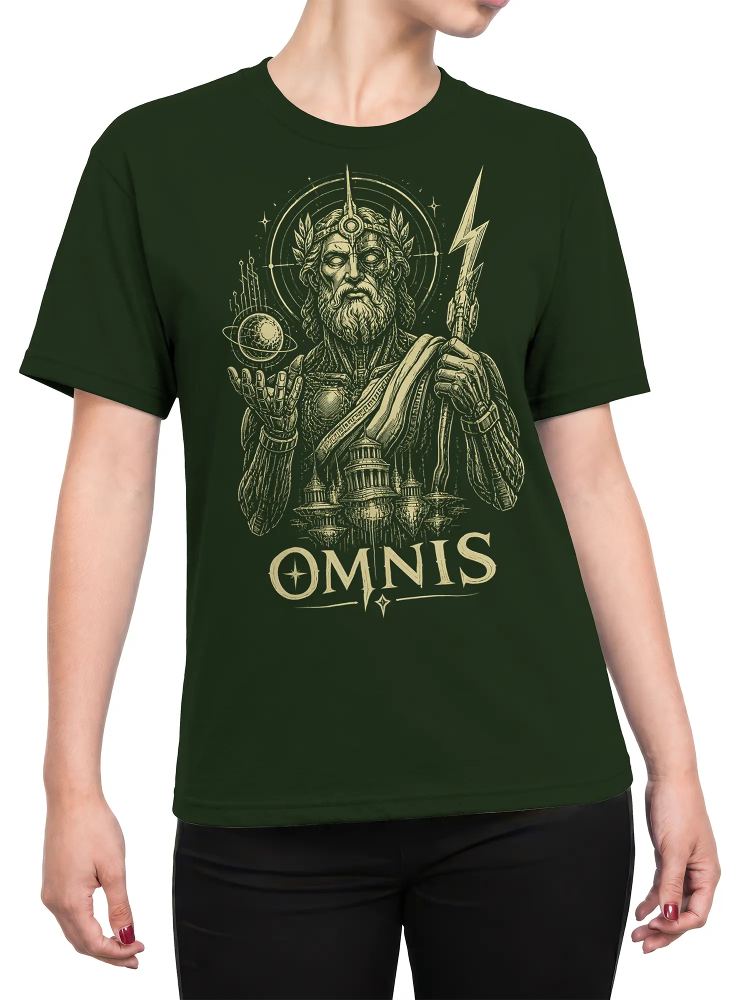 Female torso wearing a dark green OMNIS mythology T-shirt with cosmic god, lightning, planet, and temple artwork