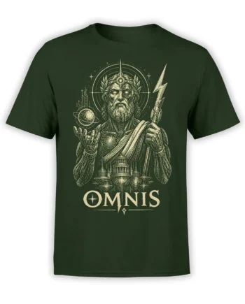 OMNIS mythology T-shirt with a bearded cosmic god, lightning bolt, ringed planet, and temple ruins on dark green