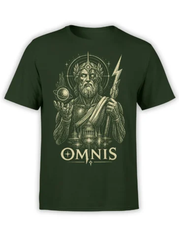 OMNIS mythology T-shirt with a bearded cosmic god, lightning bolt, ringed planet, and temple ruins on dark green