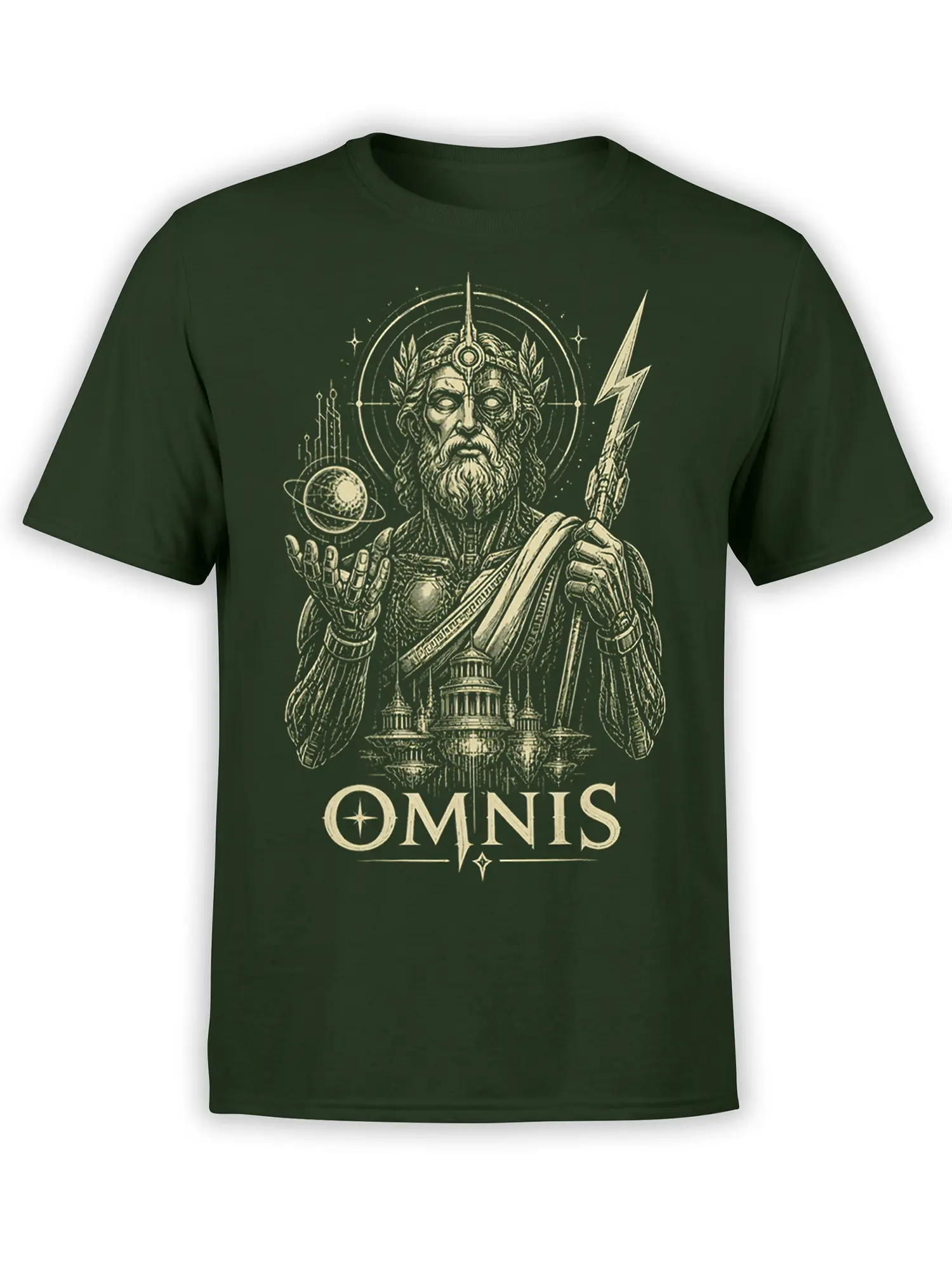 OMNIS mythology T-shirt with a bearded cosmic god, lightning bolt, ringed planet, and temple ruins on dark green