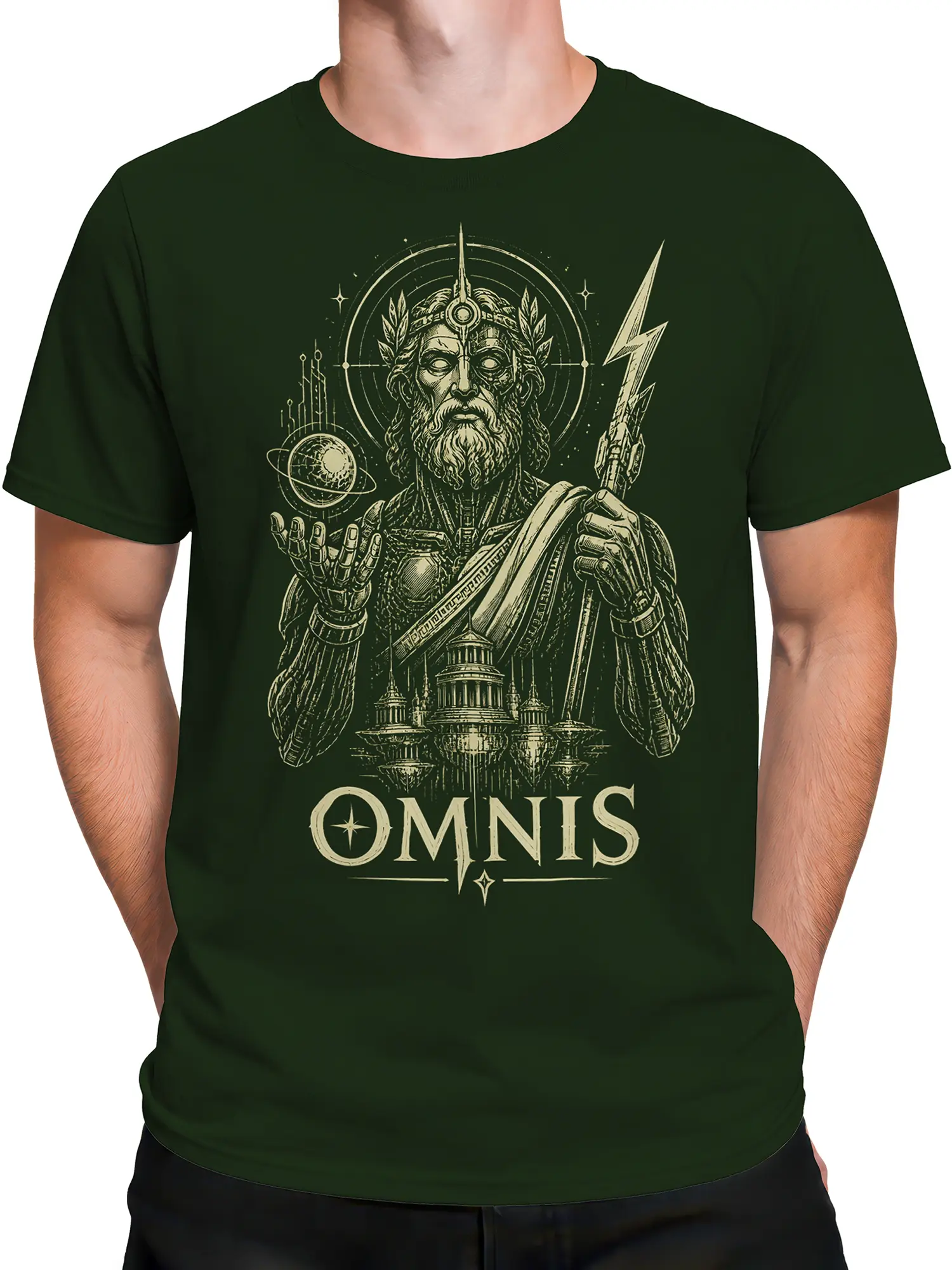 Male torso wearing a dark green OMNIS T-shirt with bearded cosmic god and engraved mythology artwork