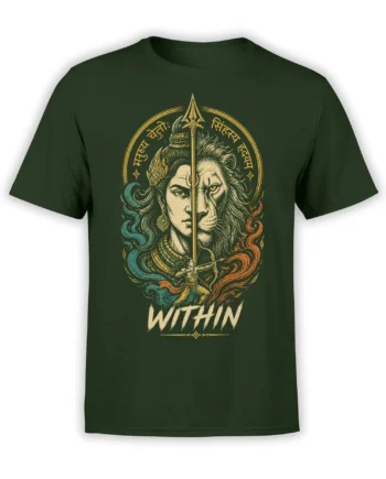 Dark green T-shirt with split human and lion warrior artwork, trident, archer, and “WITHIN” lettering