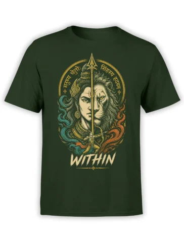 Dark green T-shirt with split human and lion warrior artwork, trident, archer, and “WITHIN” lettering