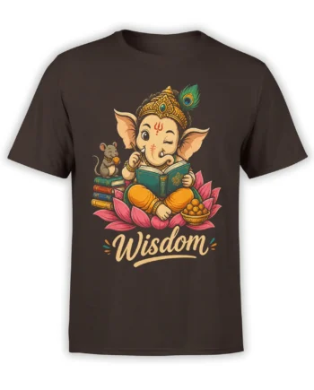 Dark brown T-shirt with colorful elephant-headed scholar reading among books, lotus flowers, sweets, and a mouse