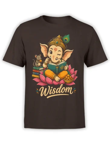 Dark brown T-shirt with colorful elephant-headed scholar reading among books, lotus flowers, sweets, and a mouse