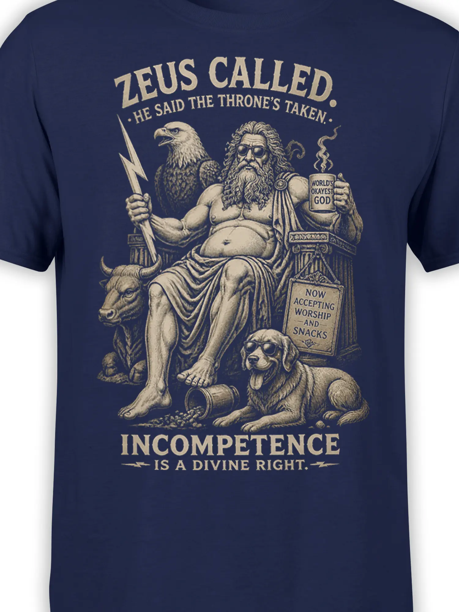 Close-up of Zeus holding a lightning bolt beside an eagle on the navy mythology T-shirt design