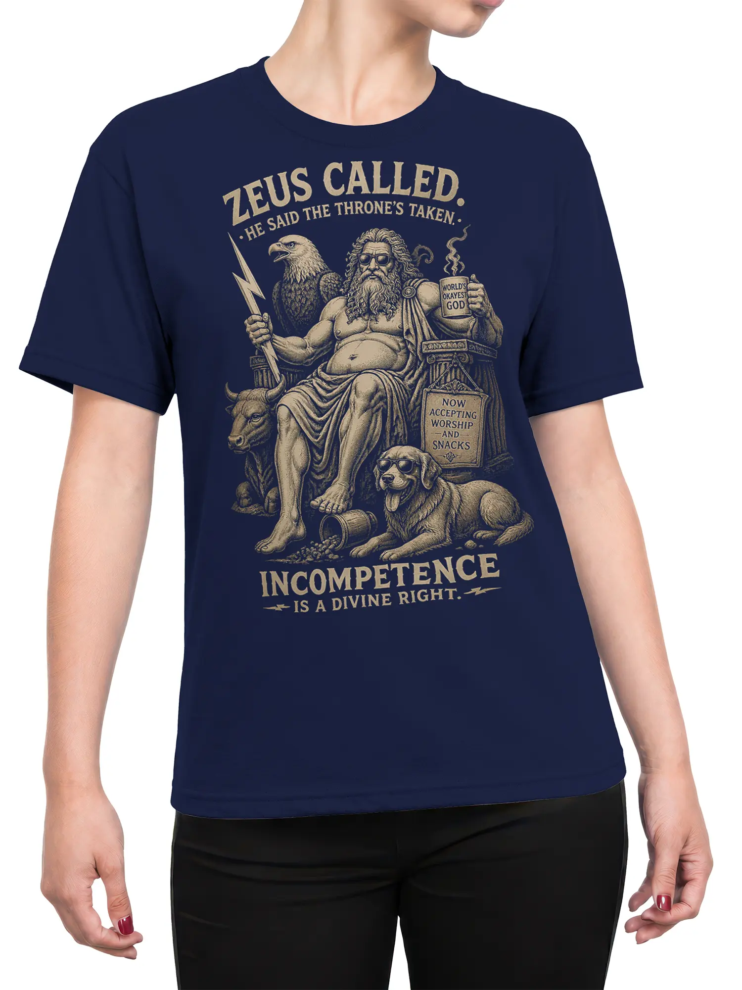 Female torso wearing a navy Zeus Greek mythology T-shirt with vintage divine satire artwork and bold lettering