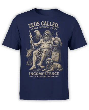 Vintage Zeus Greek mythology design on a navy T-shirt with an eagle, bull, lightning bolt, and sunglasses dog