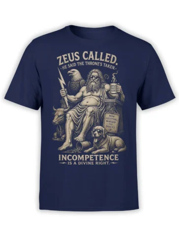Vintage Zeus Greek mythology design on a navy T-shirt with an eagle, bull, lightning bolt, and sunglasses dog