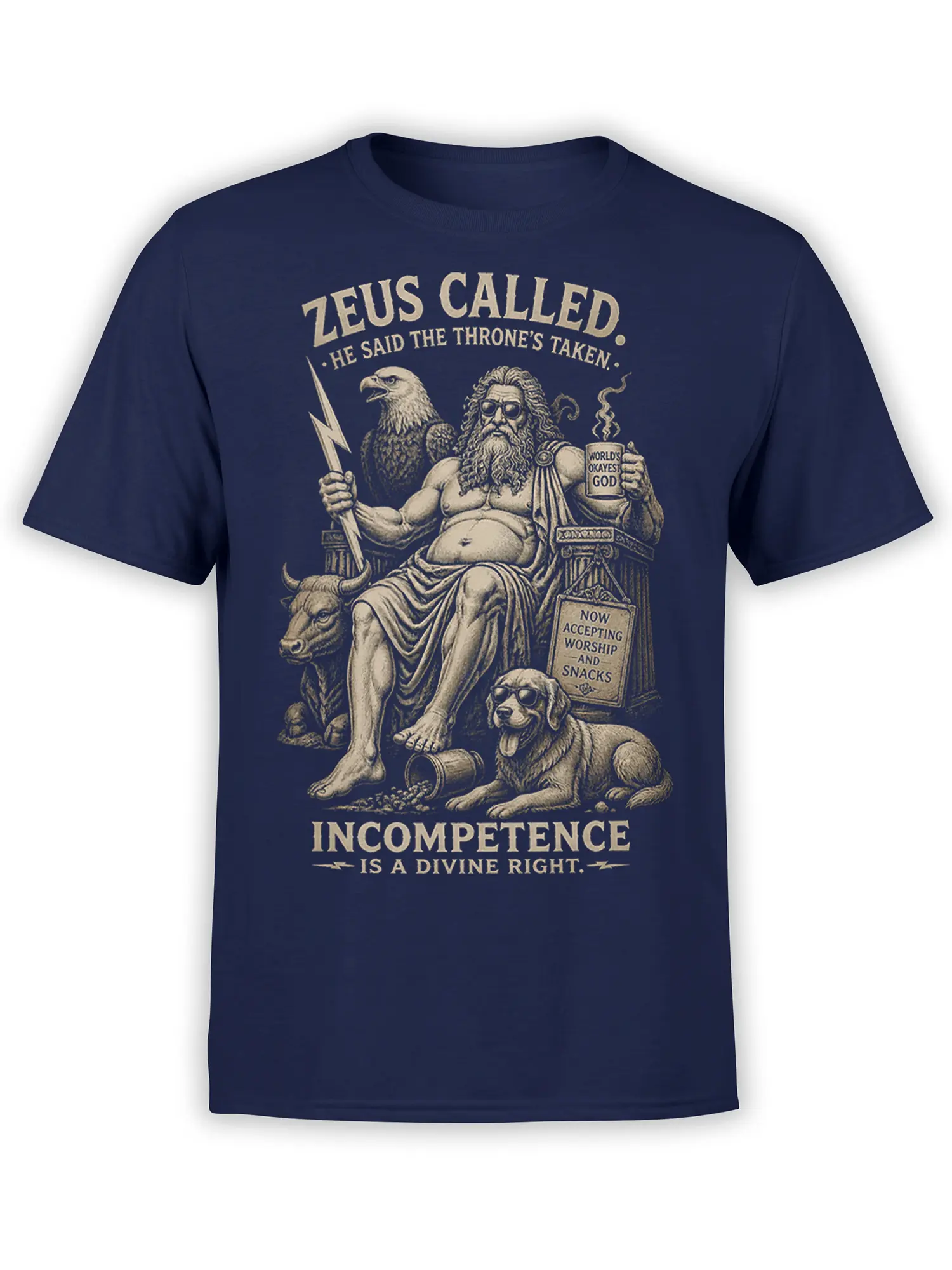 Vintage Zeus Greek mythology design on a navy T-shirt with an eagle, bull, lightning bolt, and sunglasses dog