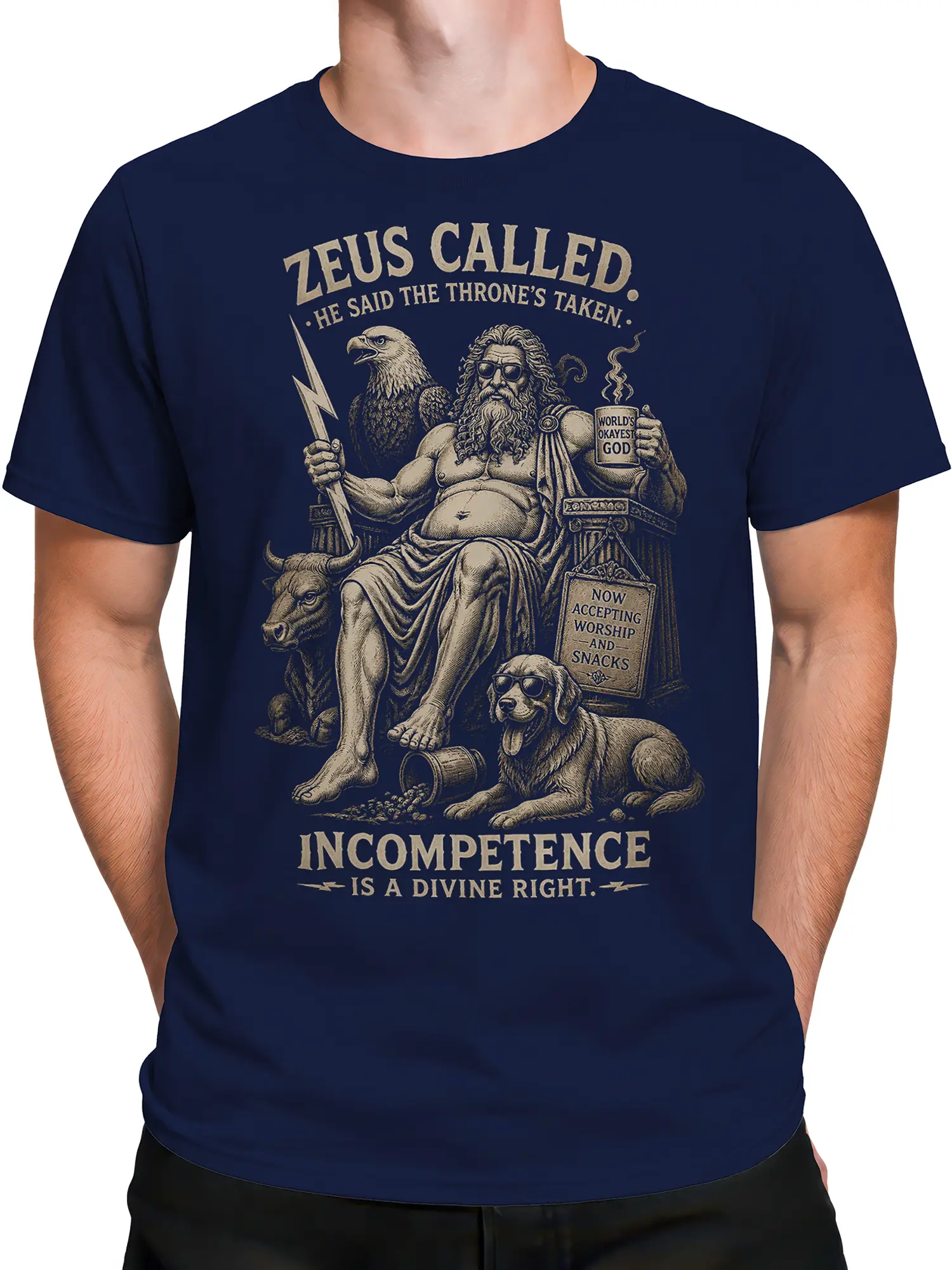 Male torso wearing a navy Greek mythology T-shirt featuring Zeus, an eagle, bull, and sunglasses dog
