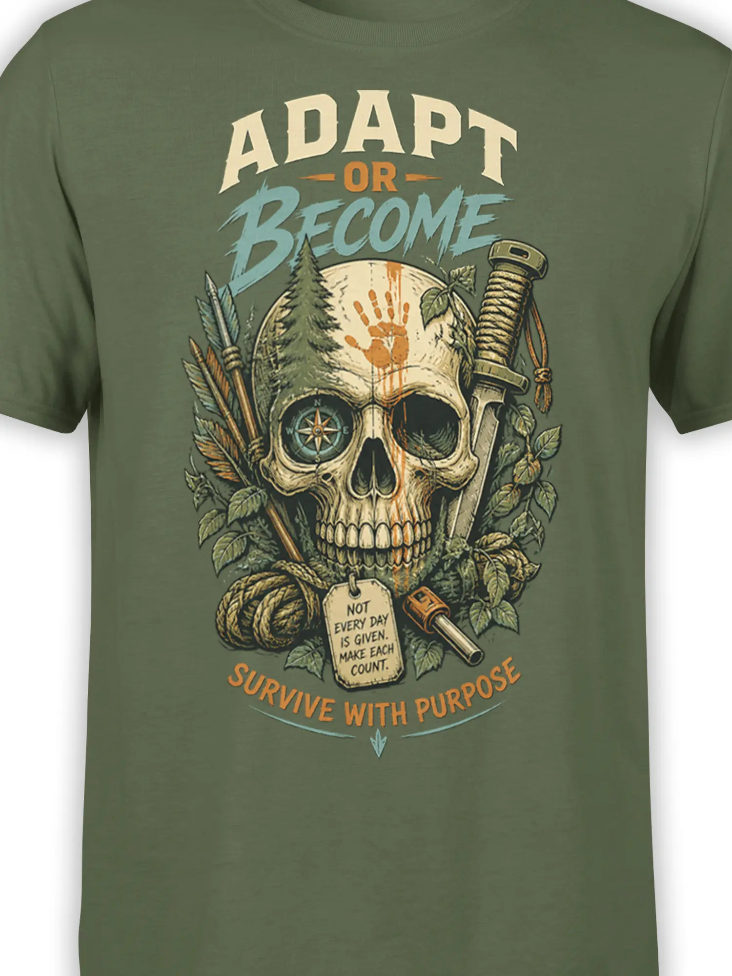 Close-up of vintage skull graphic with compass, arrows, sword, leaves, and purpose-themed text