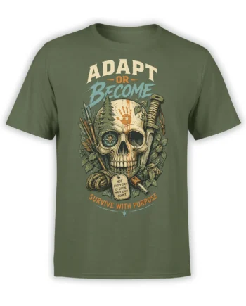 Green T-shirt with vintage skull, compass, arrows, sword, and “Survive With Purpose” design