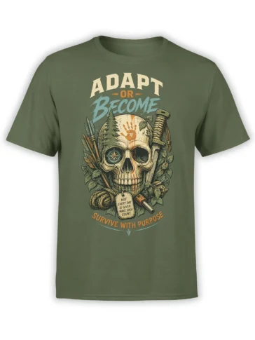 Green T-shirt with vintage skull, compass, arrows, sword, and “Survive With Purpose” design