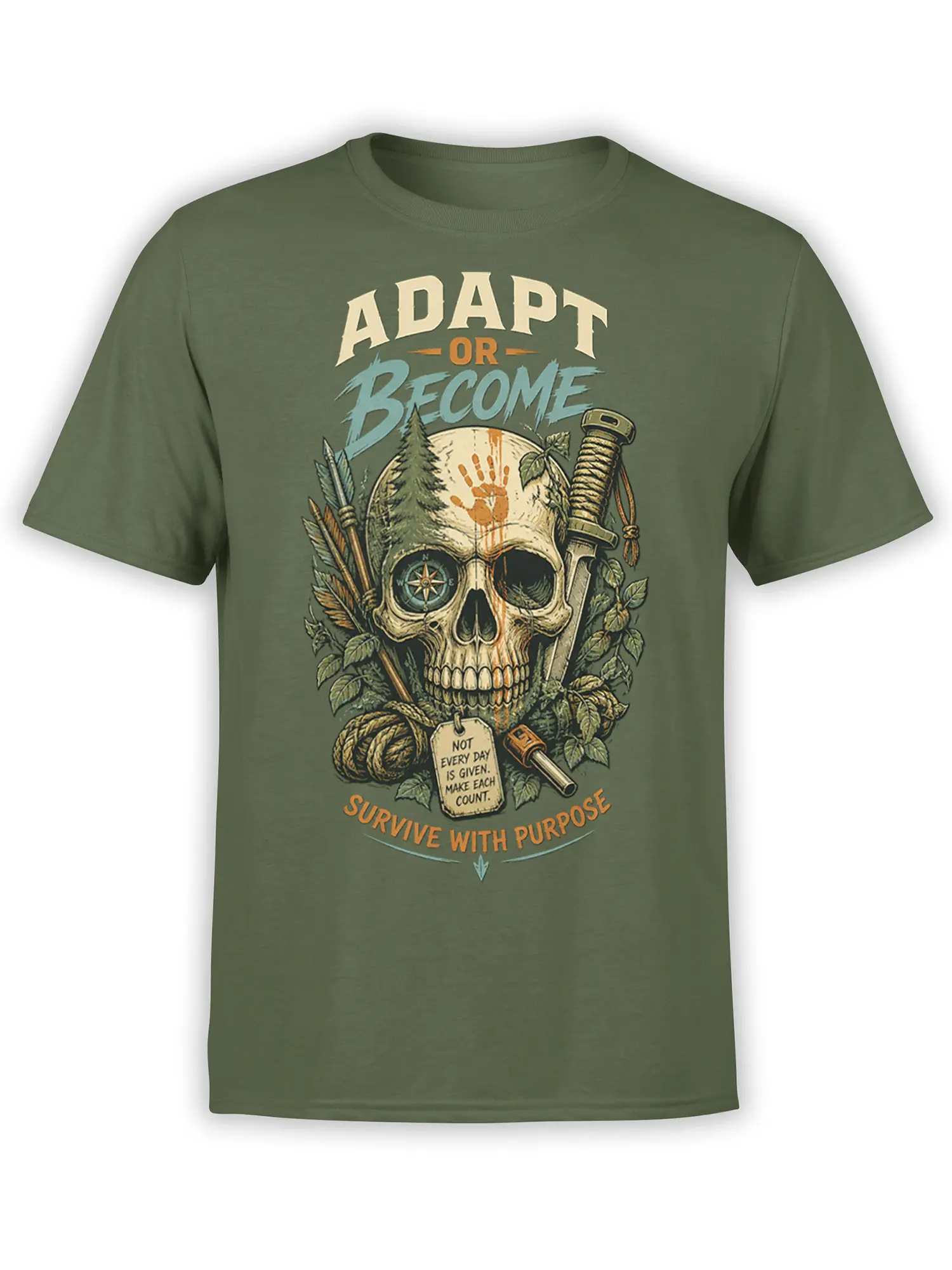 Green T-shirt with vintage skull, compass, arrows, sword, and “Survive With Purpose” design