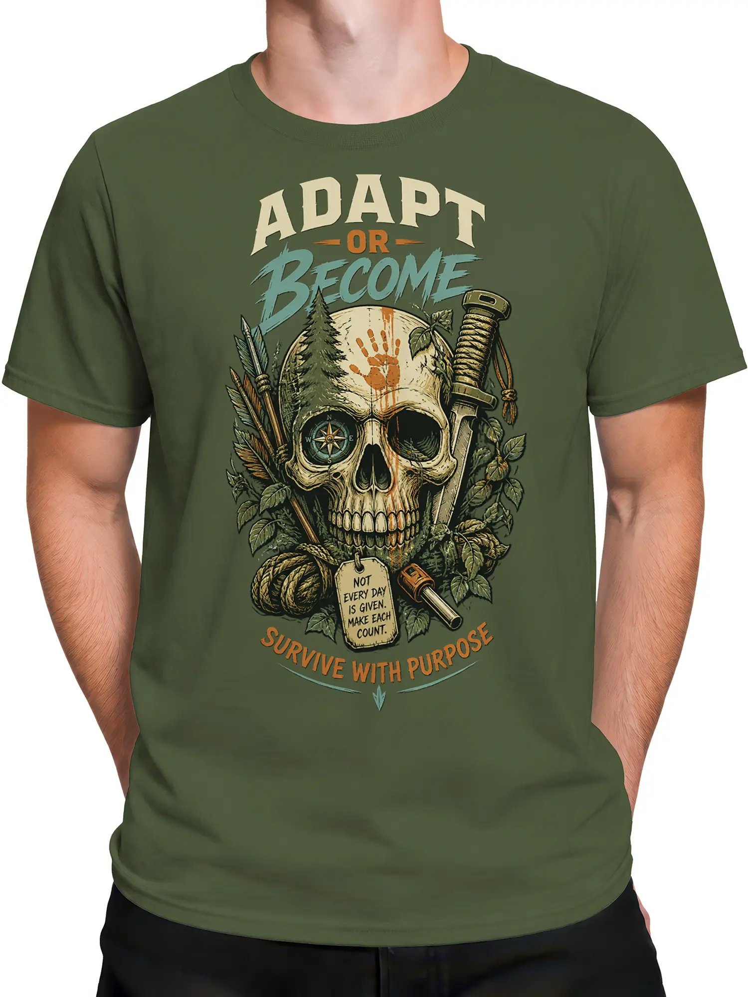 Male torso wearing a green vintage skull T-shirt with arrows, compass, sword, and outdoor artwork