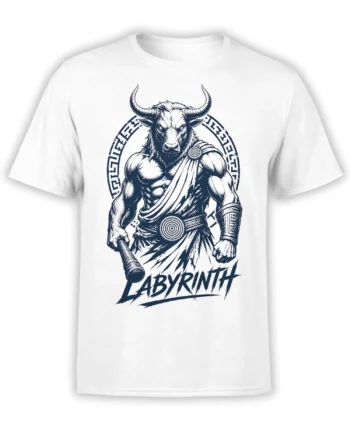 White T-shirt featuring a muscular horned minotaur warrior, geometric border, weapon, and LABYRINTH lettering
