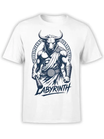 White T-shirt featuring a muscular horned minotaur warrior, geometric border, weapon, and LABYRINTH lettering