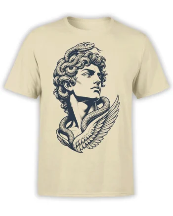 Beige snake T-shirt with a classical woman, curling serpents, and a large feathered wing in dark line art