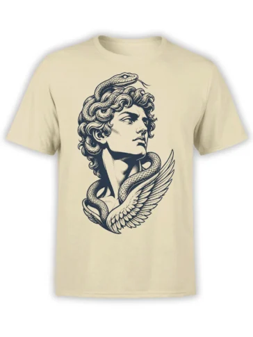 Beige snake T-shirt with a classical woman, curling serpents, and a large feathered wing in dark line art