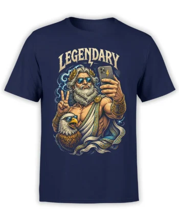 Legendary mythology T-shirt in navy with a bearded figure, eagle, lightning, sunglasses, and smartphone
