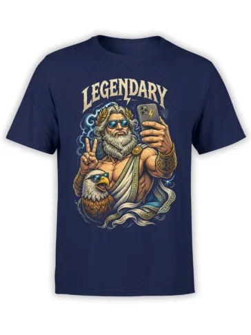 Legendary mythology T-shirt in navy with a bearded figure, eagle, lightning, sunglasses, and smartphone
