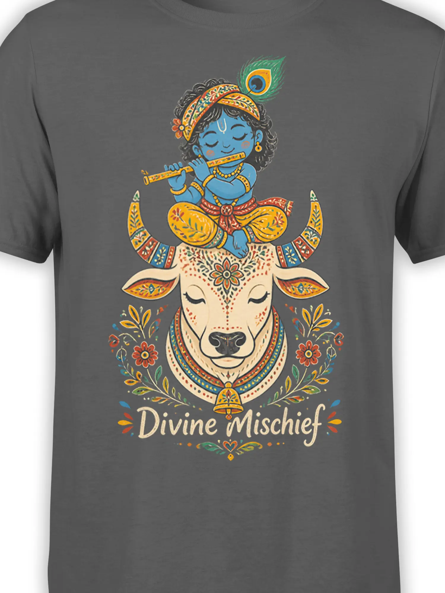 Close-up of the blue flute player and ornate cream cow design on a gray T-shirt