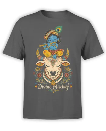 Divine Mischief gray T-shirt with a blue flute player above a decorated cream cow