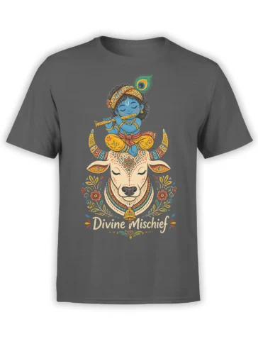 Divine Mischief gray T-shirt with a blue flute player above a decorated cream cow